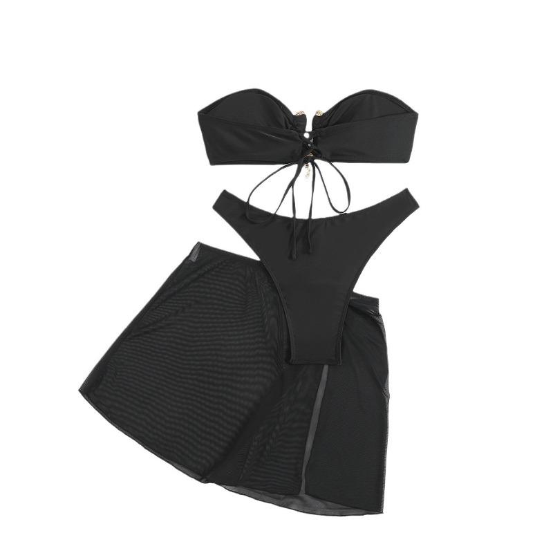 New European and American Swimsuit, Three-piece Set of Solid Color Metal Buckle Women's Split Bikini Swimsuit