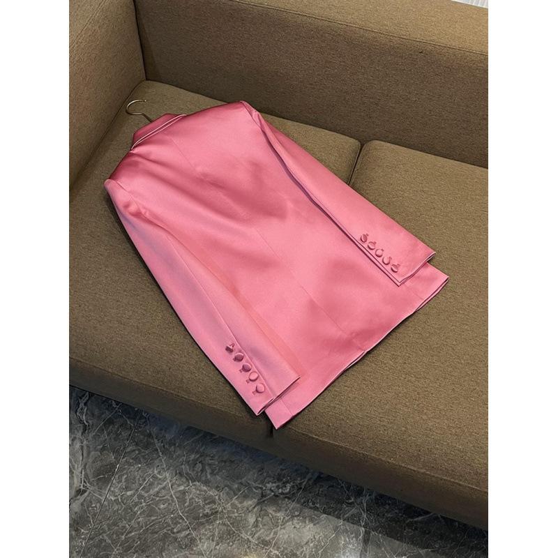 Women Spring and Autumn Pink Satin Slim Fit Blazer Hip-covering Skirt Commuting Two-piece Set