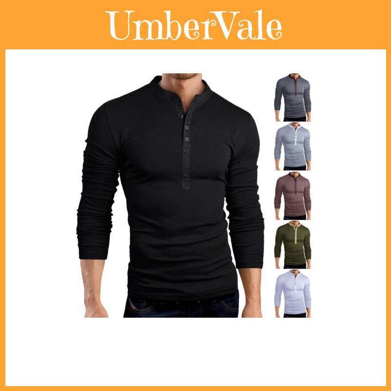 Premium Quality T-shirt Men Fashion Button Front Long Sleeve V-neck Solid Casual Slim Fit
