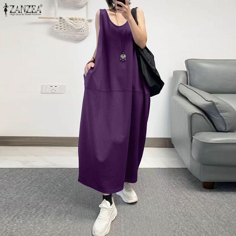 ZANZEA Women Casual Round Neck Sleeveless Loose Long Dress with Pockets