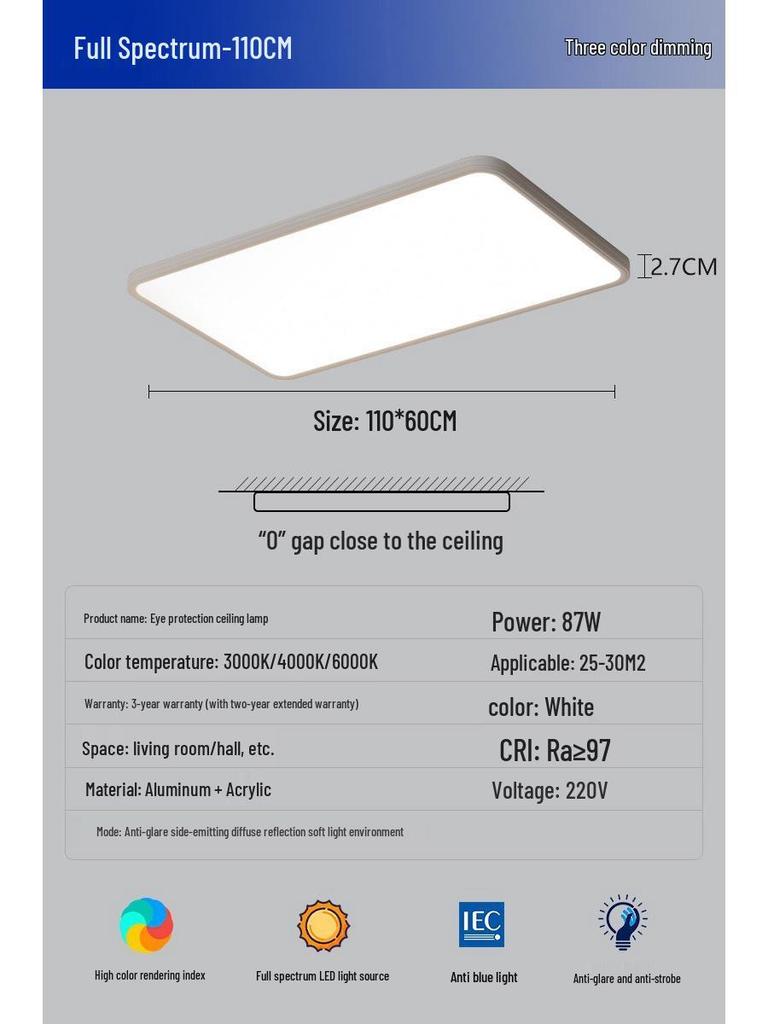 Ultra-Thin Minimalist Ceiling Light with Full Spectrum Eye Protection for Living Room or Bedroom