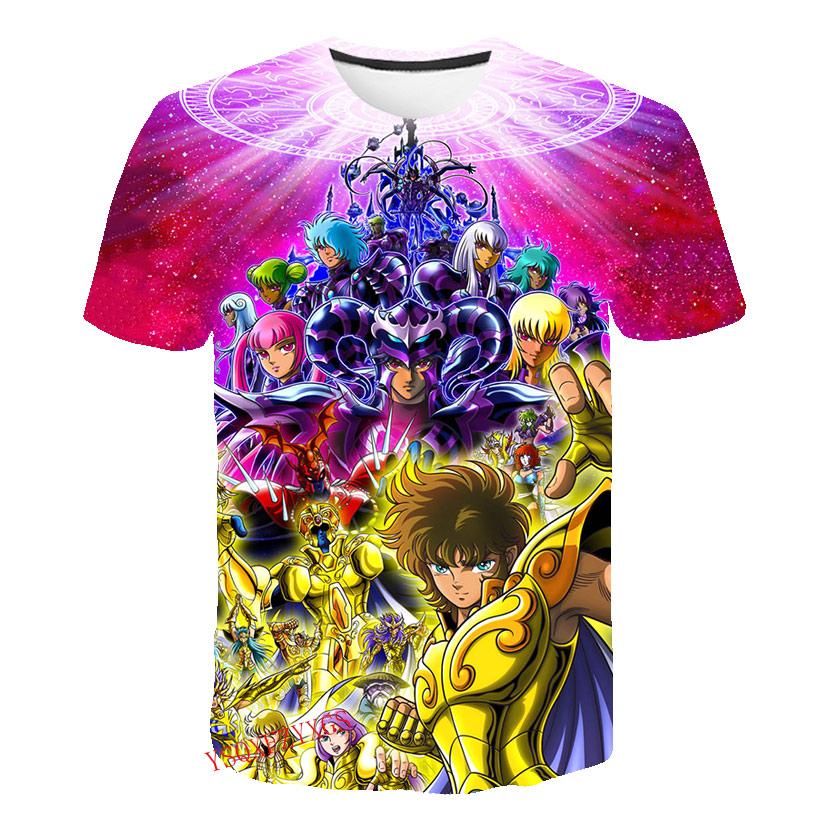 Verão Cavaleiro de Ouro Novo 3D Estampa Harajuku HD Masculino Gola Redonda Manga Curta Moda Infantil Camiseta Desenho Animado Top Casual