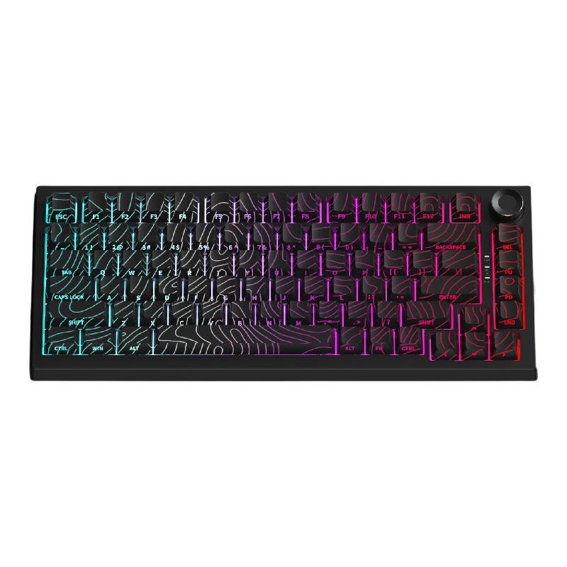 Custom Three-Mode Mechanical Keyboard: Wireless Bluetooth, Gaming & E-Sports with Side-Engraved Keycaps, Tri-Color Design & Control Knob.