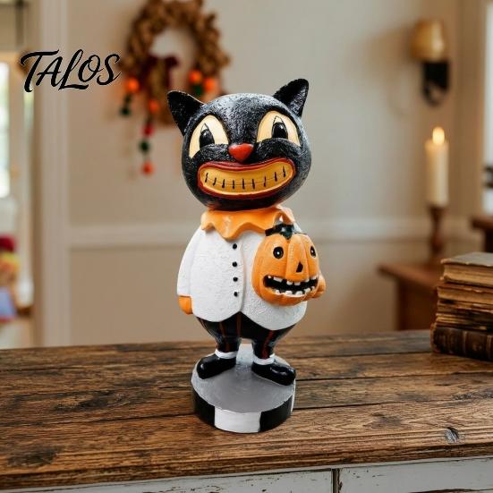 Halloween Party Supplies Black Cat Figurines, Vintage Ornament with Pumpkin, Small Theme Room Decor Retro Resin Table Decoration for Shelf,