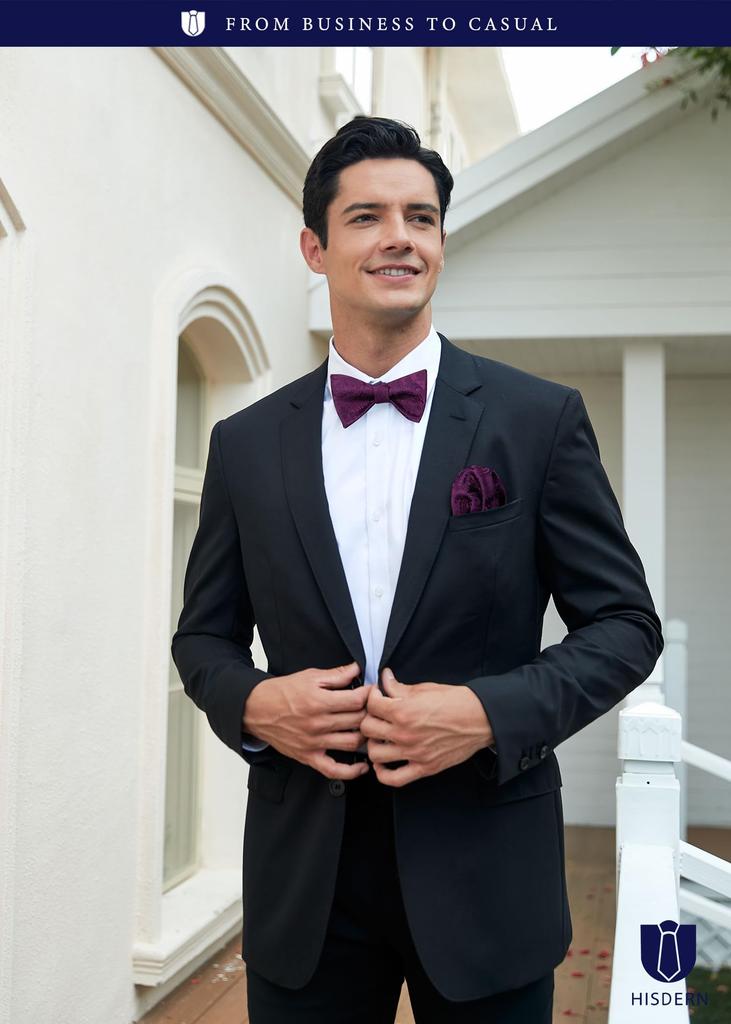 [HISDERN] Men's Bow Tie, Purple, Solid Color, Hand-Tie, with Pocket Square Set, Paisley Pattern, Perfect for Weddings, Receptions, Entrance