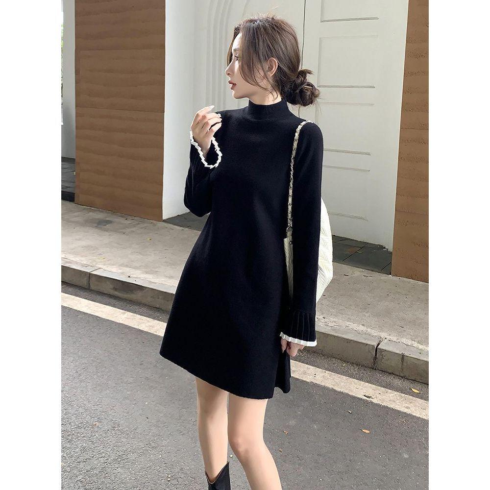 

Women s A-Line Black Knit Midi Dress - Autumn/Winter Waist-Slimming Wool Dress One Size