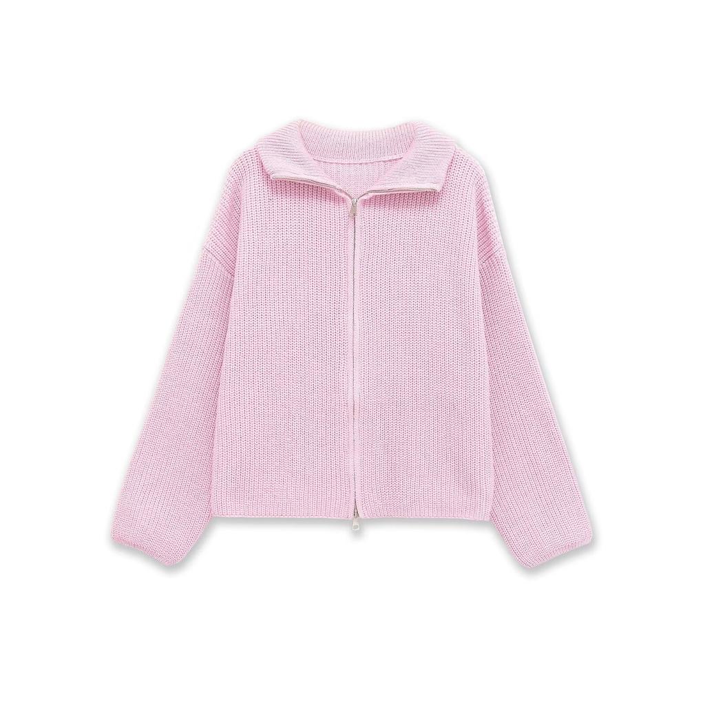 Cardigans rayés en maille ample Printemps Automne pour femmes Col roulé décontracté Fermeture éclair Rose Manteau pull Maille pour femmes Streetwear