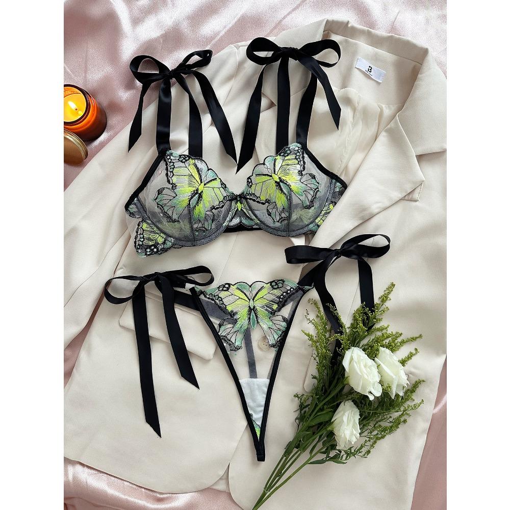 New Butterfly Embroidery Suspender Transparent Mesh Yarn Seductive Girl Sex Suit