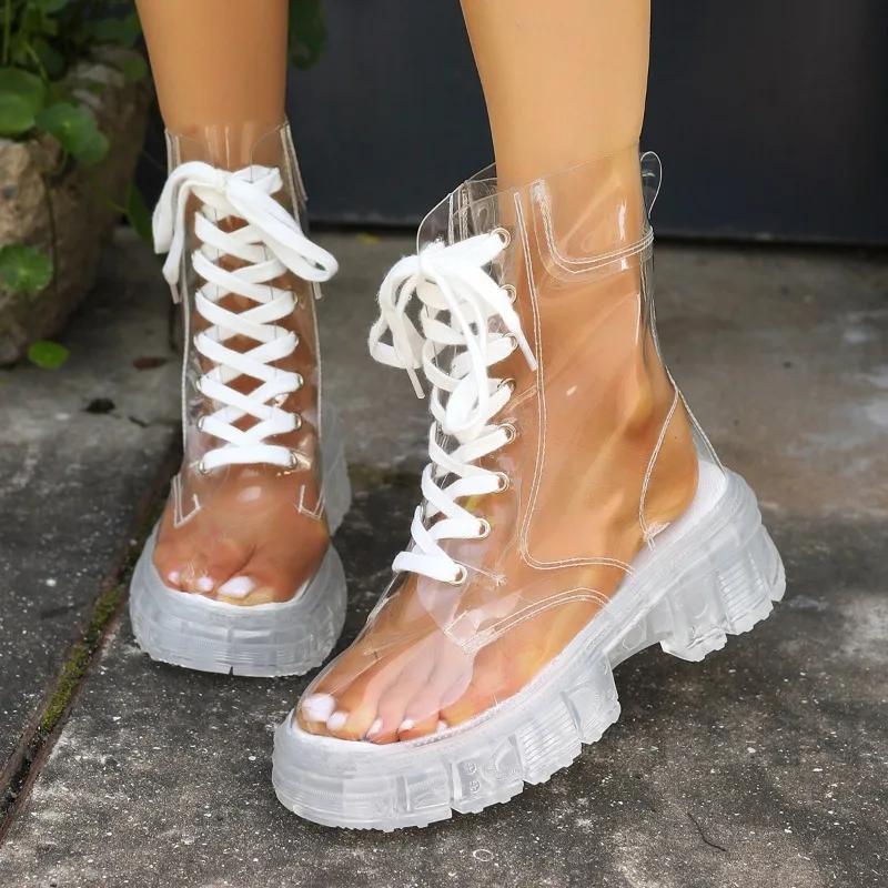 

Round Toe Waterproof Lace-Up Platform Clear Booties Fashion Non-Slip Block Heel Shoes Women 35 чистый