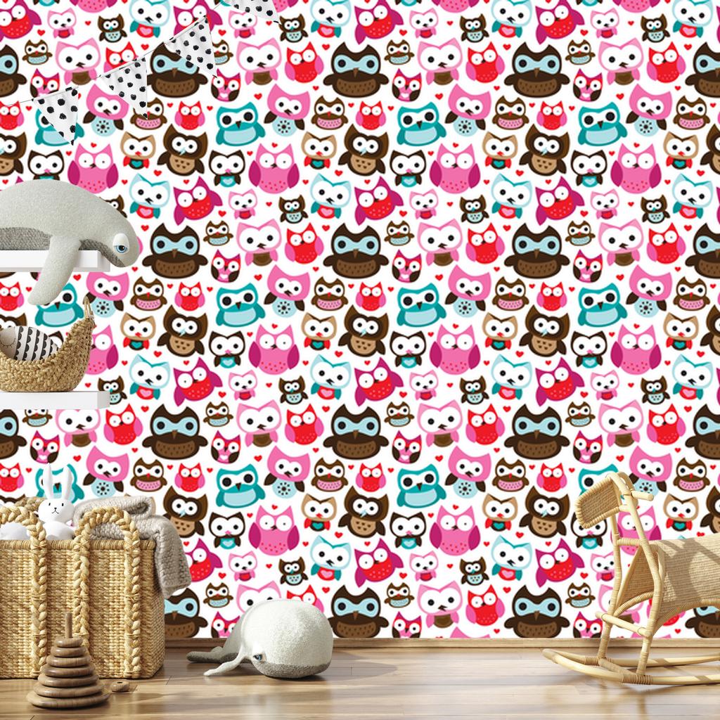 Colorful Owl Hearts Wallpaper for Living Room and Bedroom 50x1000