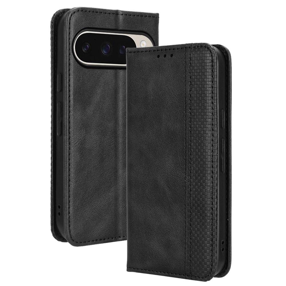 

For Google Pixel 9 Pro/Pixel 9 Case Retro PU Leather Wallet Phone Cover Magnetic Auto-Absorbed Black