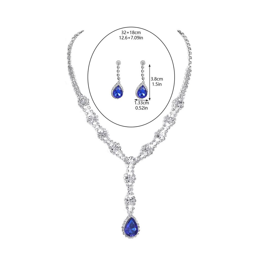 Black, Blue, Red and White High-level Sense of Super-flash Full of Diamonds Droplets Necklace Earrings Two-piece Bridal Jewelry Set