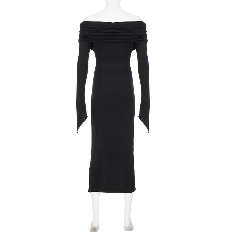 Women's Solid Colour Temperament One Shoulder Long Ruffle Hem Split Long Sleeve Dresses