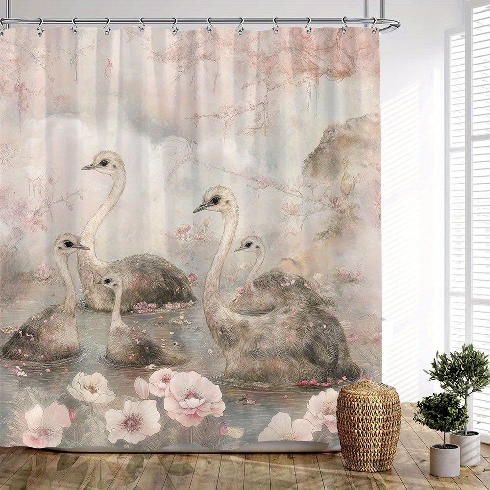 1Pc Watercolor Ostriches & Cherry Blossoms Shower Curtain - Serene Pastel Pond Design, Machine-Washable Polyester Bath Curtain