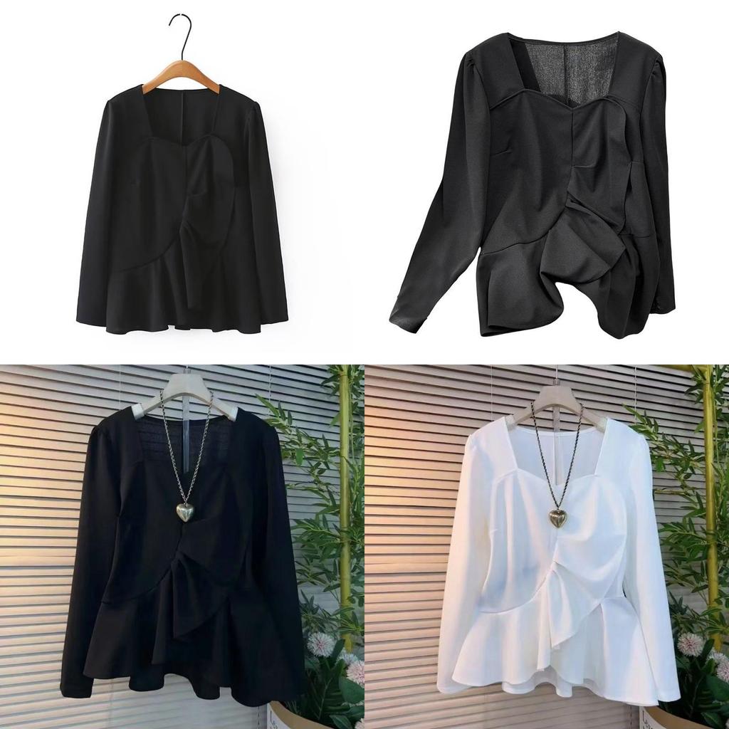 Simplicity Long Sleeved Top With Solid Color And Pleated Design For Spring Private Style