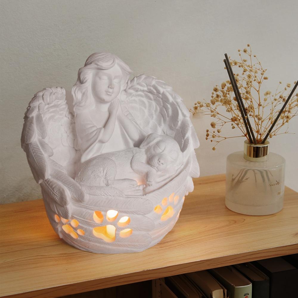 Custom White Resin Fairy Angel & Pet Dog Figurine Paw Print Candle Holder for Home & Memorial Decor Elegant Model Pattern