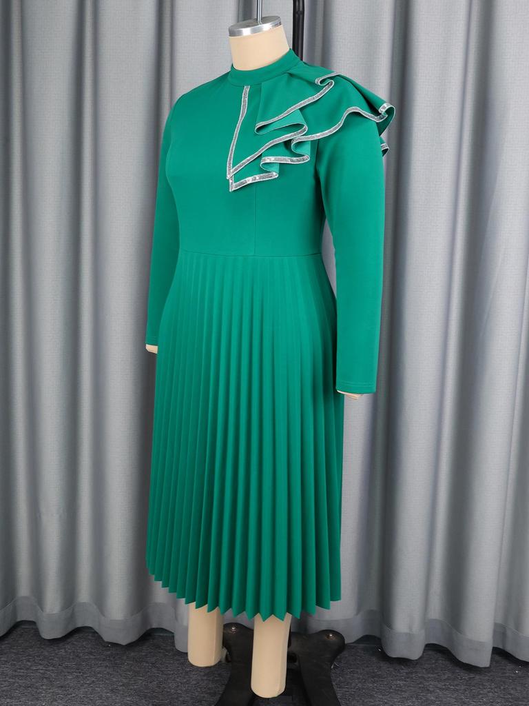 Women's Plus Size Ruffle Hem Long Sleeve Formal Gown with Stand Collar