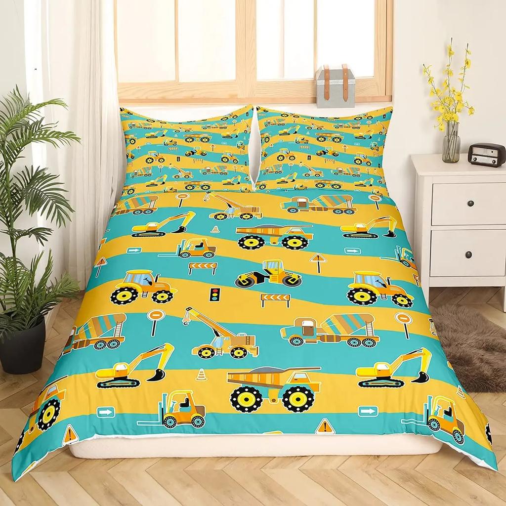 Construction Vehicles Truck Car Bedding Set Boys Excavator Duvet Cover Kids Cartoon Tractor Truck Soft Polyester Comforter Cover
