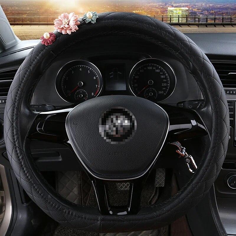 DERMAY Black Car Steering Wheel Cover with Cute Flower for Women Girls Size M Fit 14-15" Steering Wheel 95% Cars O and D Shape