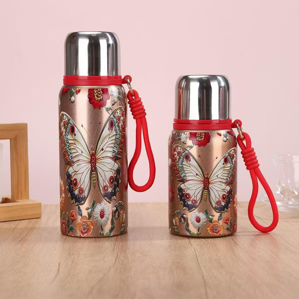 Guofeng Koi Pattern 304 Stainless Steel Thermos Cup Peacock Pattern Portable Lanyard High Value Water Cup Business Gift