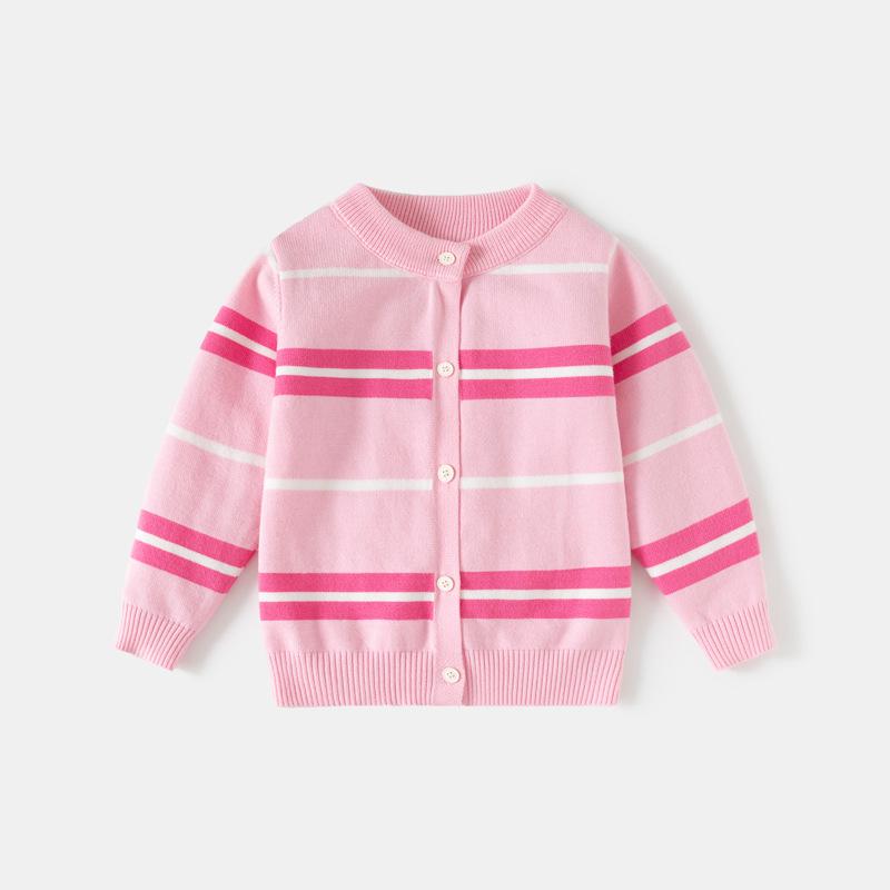 2026 Autumn Kids' Pink Striped Knit Cardigan – Girls' Single-Breasted Sweater
