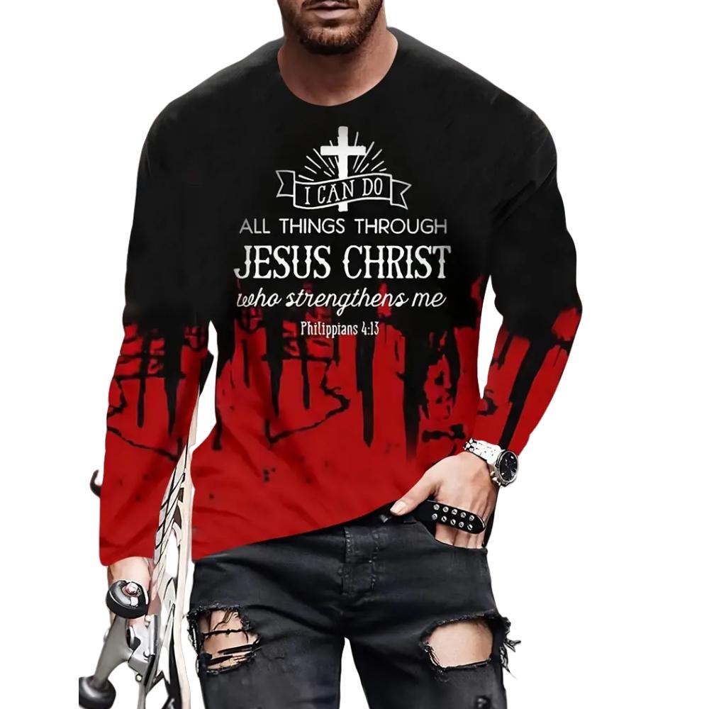 Spring and Autumn Round Neck 3D Cross Printed Top Fashionable Casual Vintage Christian Long Sleeved Men's T-shirts
