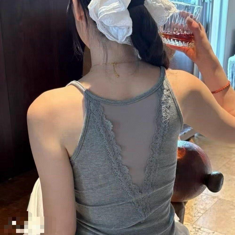 Sexy Ribbed Lace Tank Top with Padded Cups and Spaghetti Straps