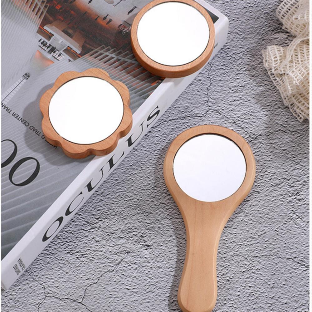 Wooden Hand Mirror Vintage Portable Round Cosmetic Mirror Compact Makeup Vanity Hand Held Mirror Women Travel Mirrors