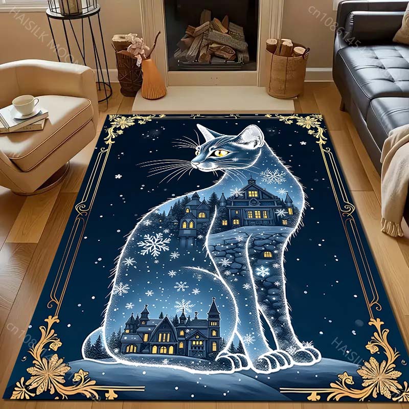 Cat Snowflake Castle Retro Pattern Carpet for Living Room Bedroom Bedside Sofa Table Floor Mat Home Area Rug Decor for Gifts