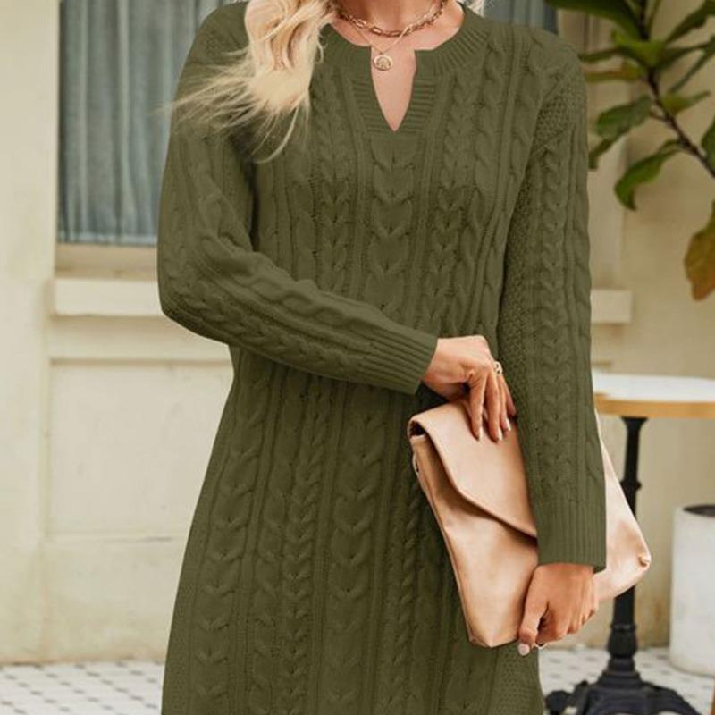 Women's Autumn/winter Twisted Flower Medium Length Solid Color Split Loose Pullover V-neck Sweater Dress