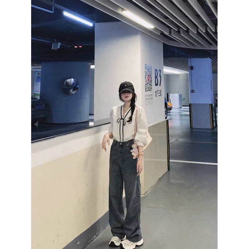 Kumikumi Sweet Style White Lace-up Temperament Age-Reducing Long sleeve Shirts Women Autumn Slimming Versatile Chic Top