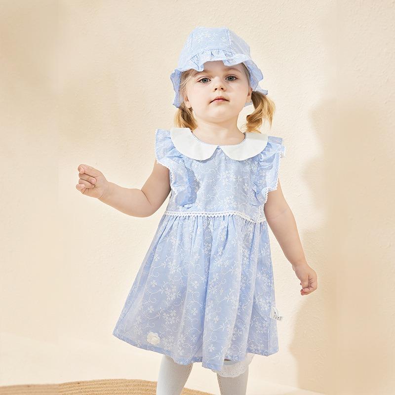 Wiosna i Lato Nowa Dziewczęca Świeża Niebieska Sukienka w Małe Kwiatki z Kapeluszem