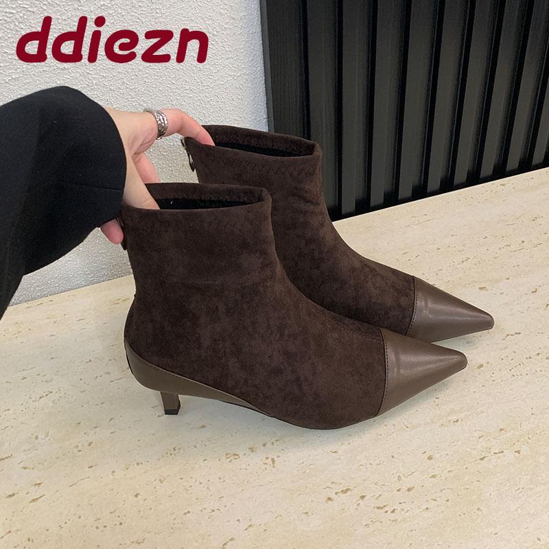 Módní dámské špičaté moderní dámské kotníkové boty s nízkým podpatkem boty módní semišové dámské krátké boty zipy boty lodičky