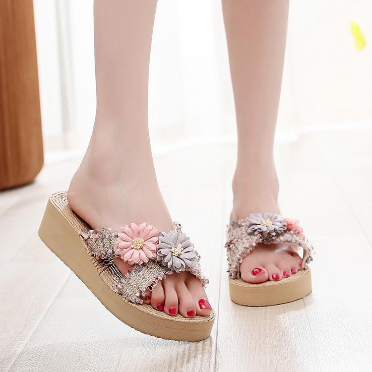 Imitation grass woven linen bottom women's cool slippers with small fragrant style cross fabric strap Korean trend thick soled