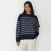 Europe, America, Autumn and Winter New Products, Split Hem Striped Knitted Sweater Top, Round Neck Loose Sweater Women's Clothing