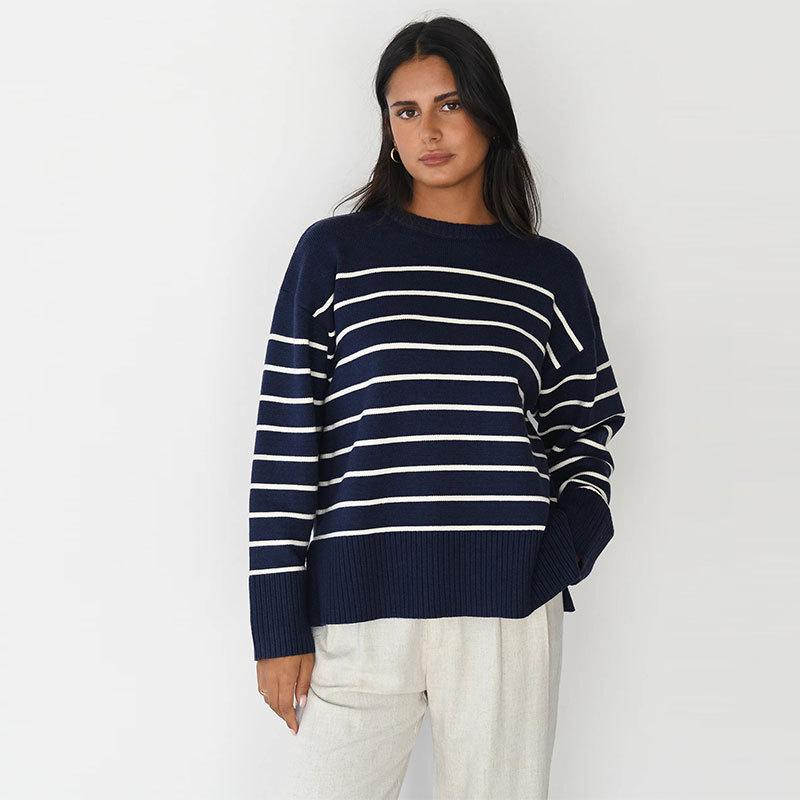 Europe, America, Autumn and Winter New Products, Split Hem Striped Knitted Sweater Top, Round Neck Loose Sweater Women's Clothing