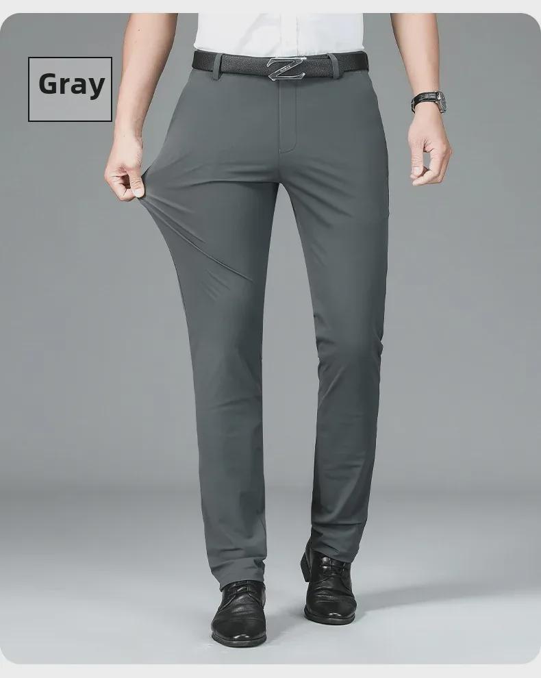 Men's Thickened Nylon Casual Pants - Milk Silk, High Elastic, Straight, Loose Business Trousers with Velvet Inside for Spring and Autumn.