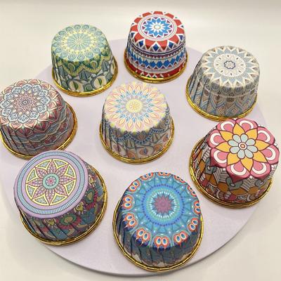 100pcs Bohemian Pattern Middle East Single Sided Gold Muffin Cups Rolled Mouth High Temperature Resistant Thickened Cake Cups