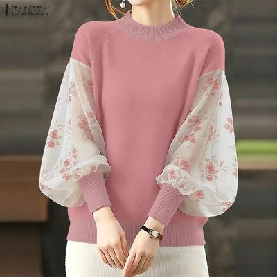 Women Casual Round Neck Splice Long Sleeve Loose Blouse
