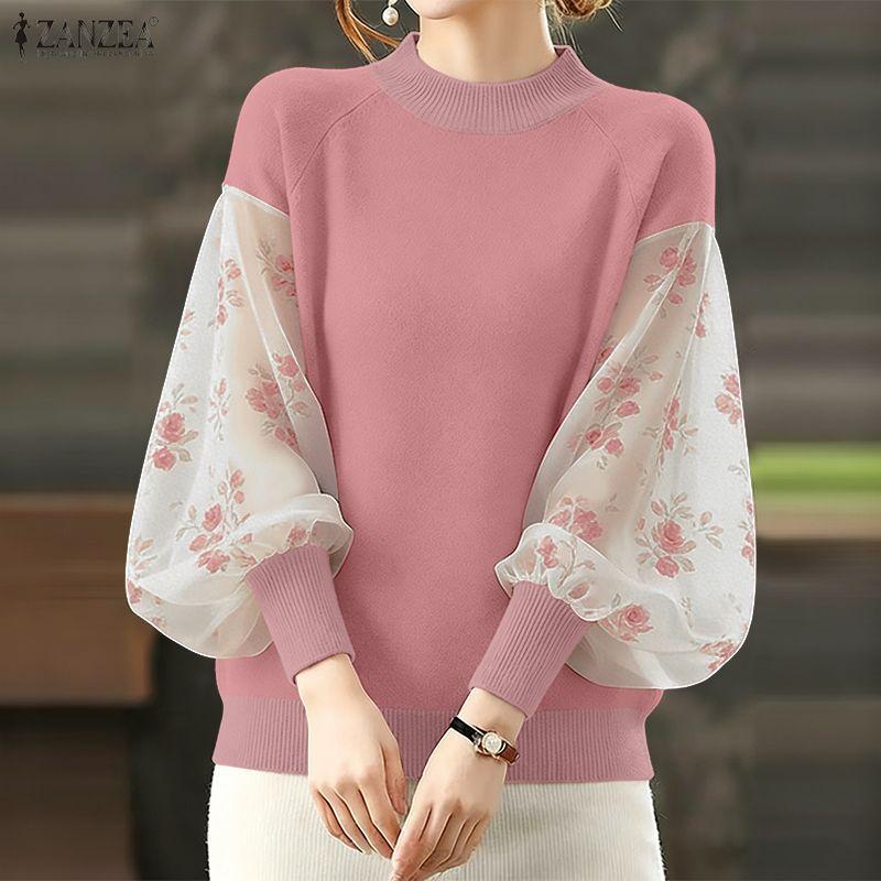ZANZEA Women Casual Round Neck Splice Long Sleeve Loose Blouse