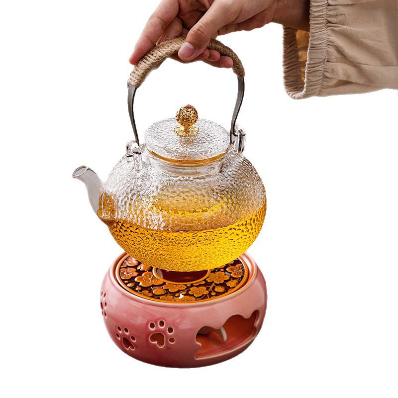 Japanese Style Ceramic Tea Warmer with Candle-Heated Insulated Glass Pot.