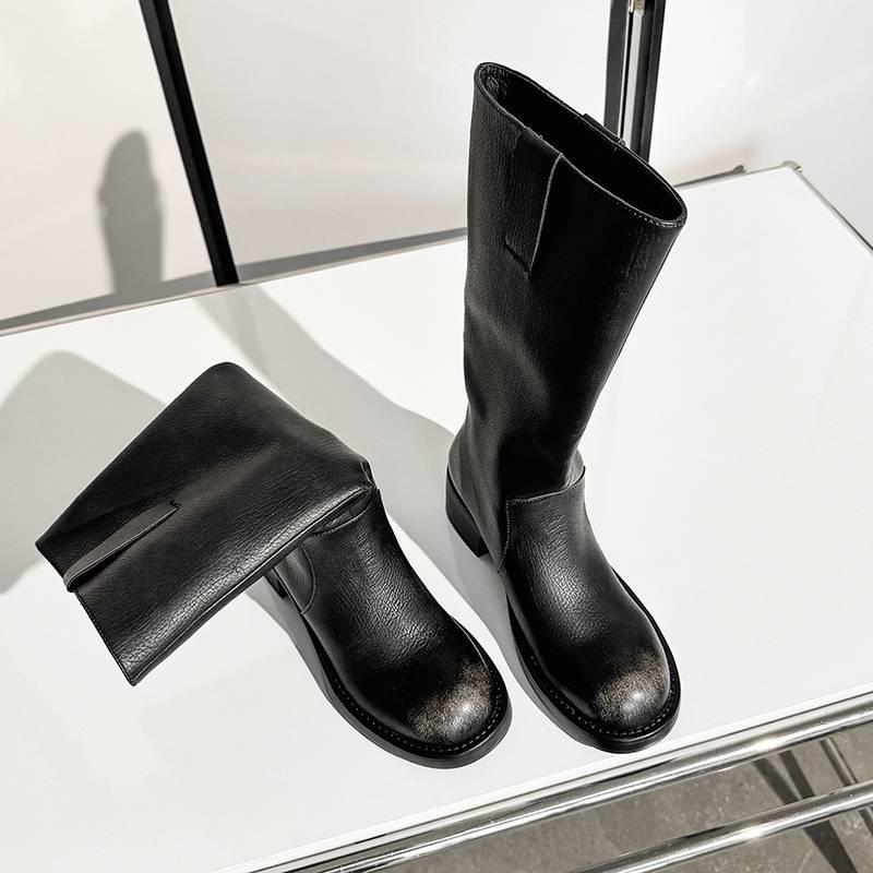 Autumn and Winter Women's Leather Boots Leather Large Size Knight Boots Solid Color Sleeve Large Tube Circumference Women's Boots New Cowhide High Boo