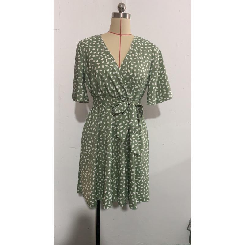 Fashion Polka Dot Printed Summer Dress Short Sleeved V-neck Lace-up Slim Waist Versatile Casual Loose Simple A-line Party Short Dress Elegant Female
