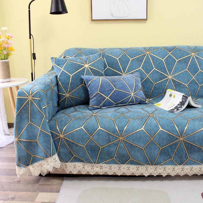 

Роскошный чехол для дивана для гостиной, ткань шенилл, геометрический узор, полотенце с кружевной кромкой, пылезащитный, устойчивый к царапинам чехол 90x90cm голубой воды