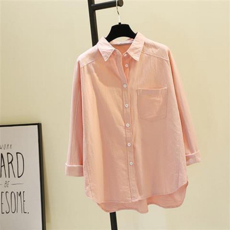 Women s Cotton Spring Shirt: Versatile Medium-Long, High-Grade Solid Color, Korean Artistic Style L 105-120 lbs