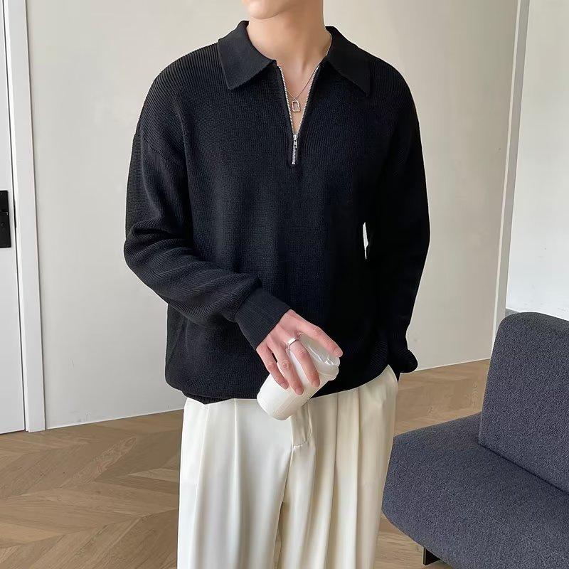 Korean Version Trendy Zipper Sweater Men's Lapel Korean Version Trendy Casual Long-sleeved Solid Color Knitted Sweater Top Jacket