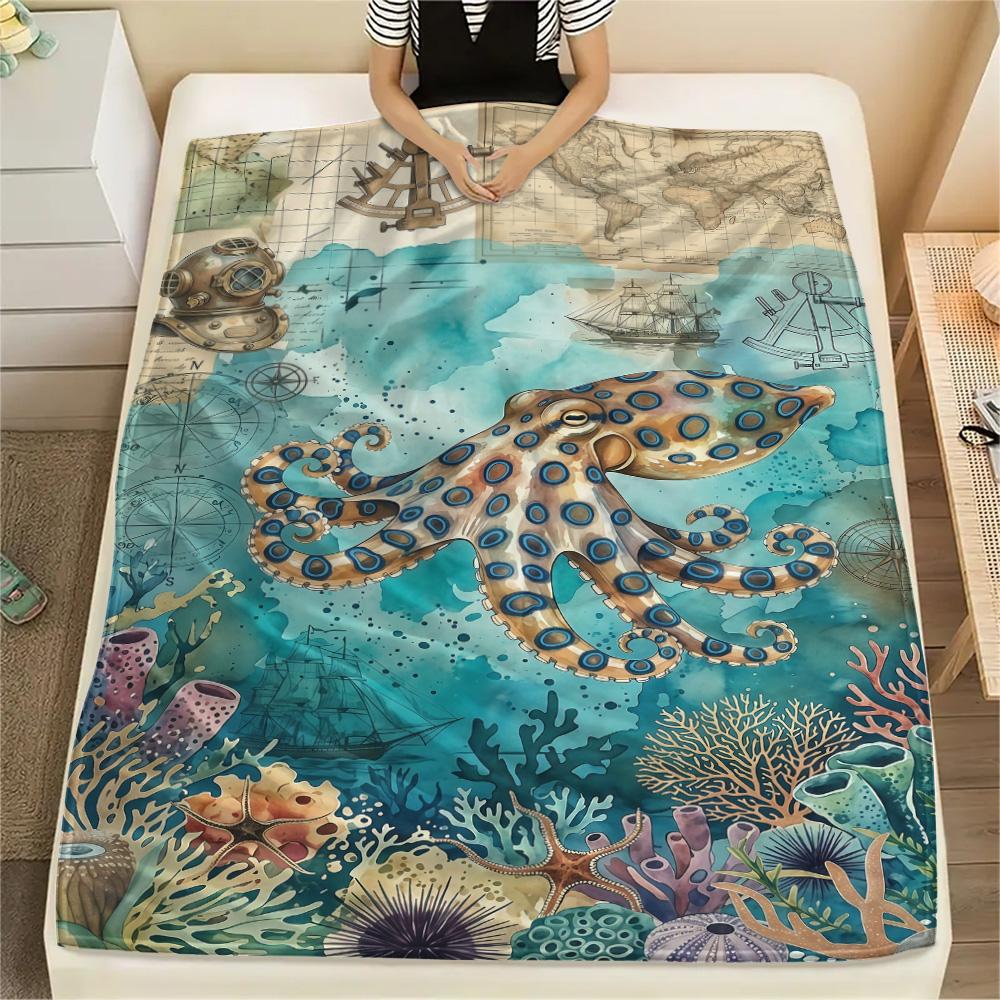 1PC Marine Animals  Print FlAannel Blanket, High Quality Comfortable for All Seasons, Home Decor, Warmth and Comfort
