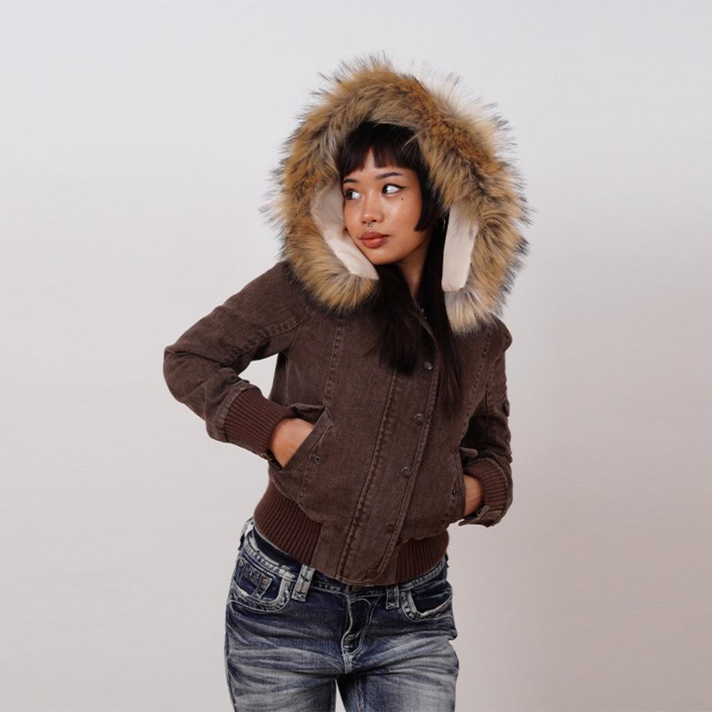 Autumn Winter Vintage Brown Short Hooded Jacket Women's Full Sleeve Slim Detachable Fur Collar Warm Female Y2k Outwears