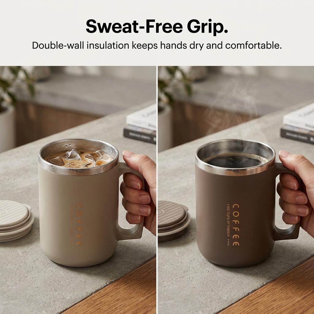 Insulated Coffee Travel Mug with Handle 304 Stainless Steel Thermal Tumbler Leakproof Thermos Water Bottle Dual Drink Straw Cup