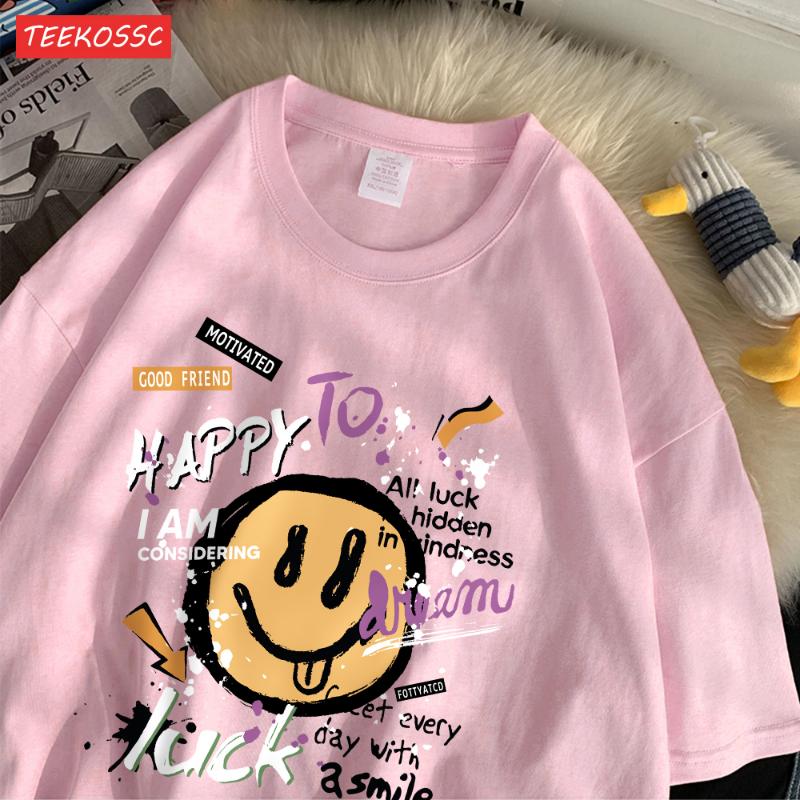 Summer Cotton Women T-Shirts Fun Graffiti Cute Smiling Face Prints Tees Breathable Loose O-Neck Casual Street Female Clothes